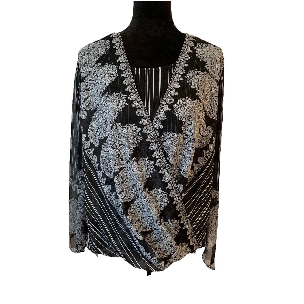 Chicos Size 2 Womens Large Top Paisley Wrap Blouse Black Gold Stripe Bell Sleeve